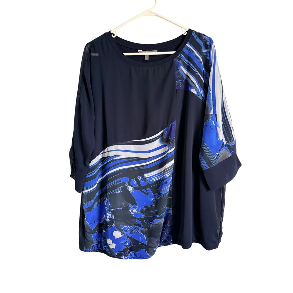 Ulla Popken Blue 3/4 Sheer Sleeve Chiffon Top Lined 16/18w Art Maximalist Chic